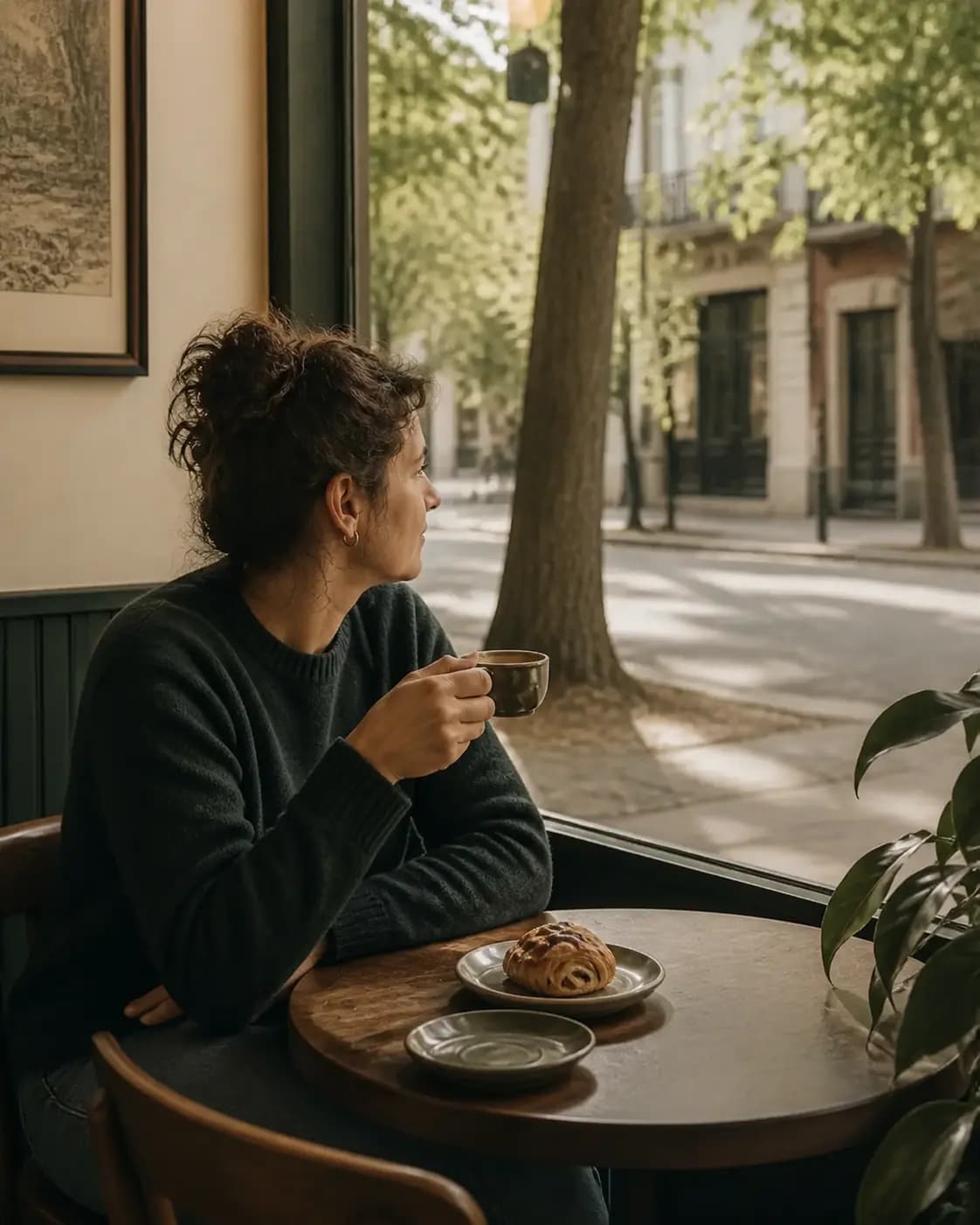 Una mujer disfruta un café mirando hacia la calle desde la ventana