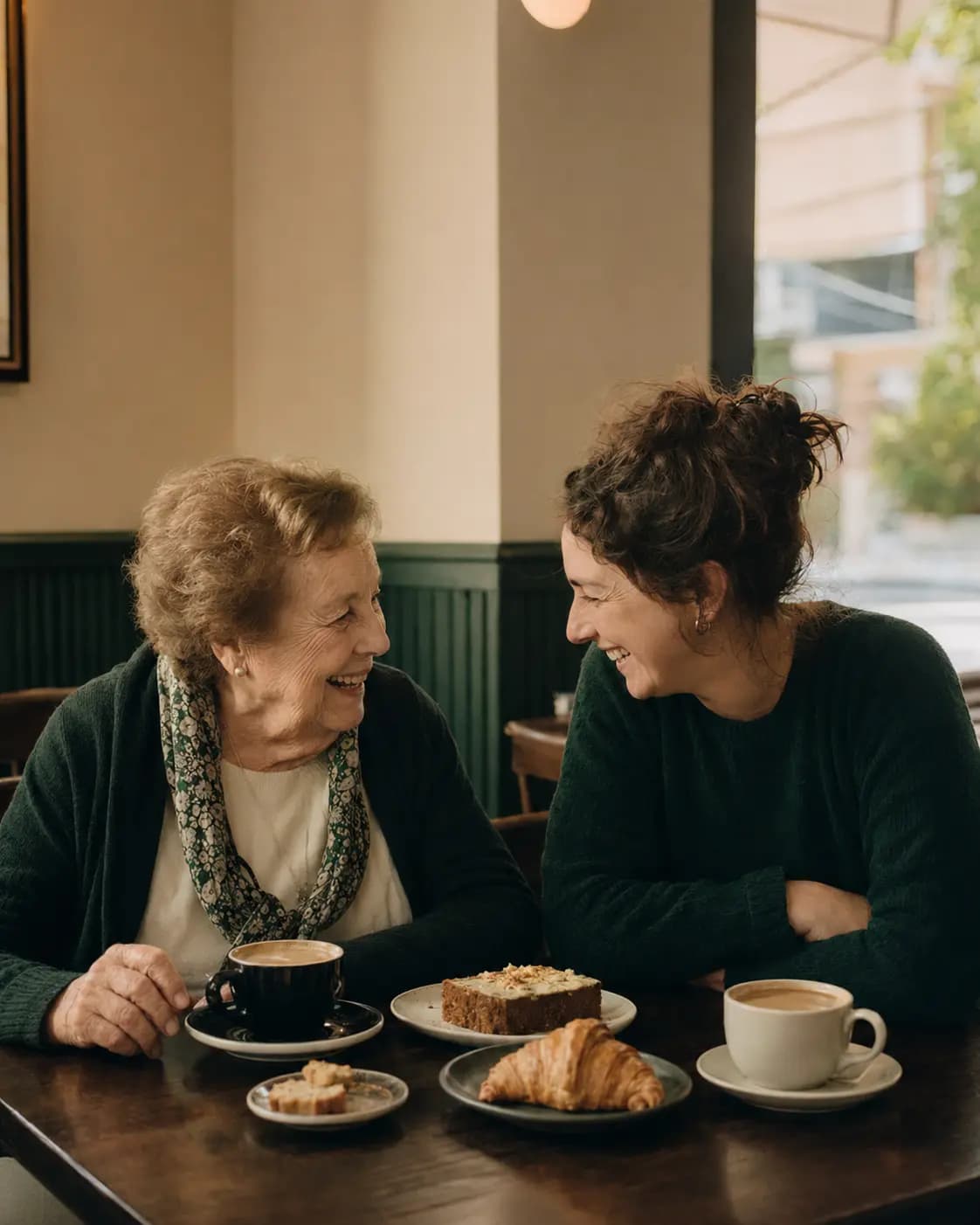 Una mujer comparte una merienda con su abuela en Capitán Café