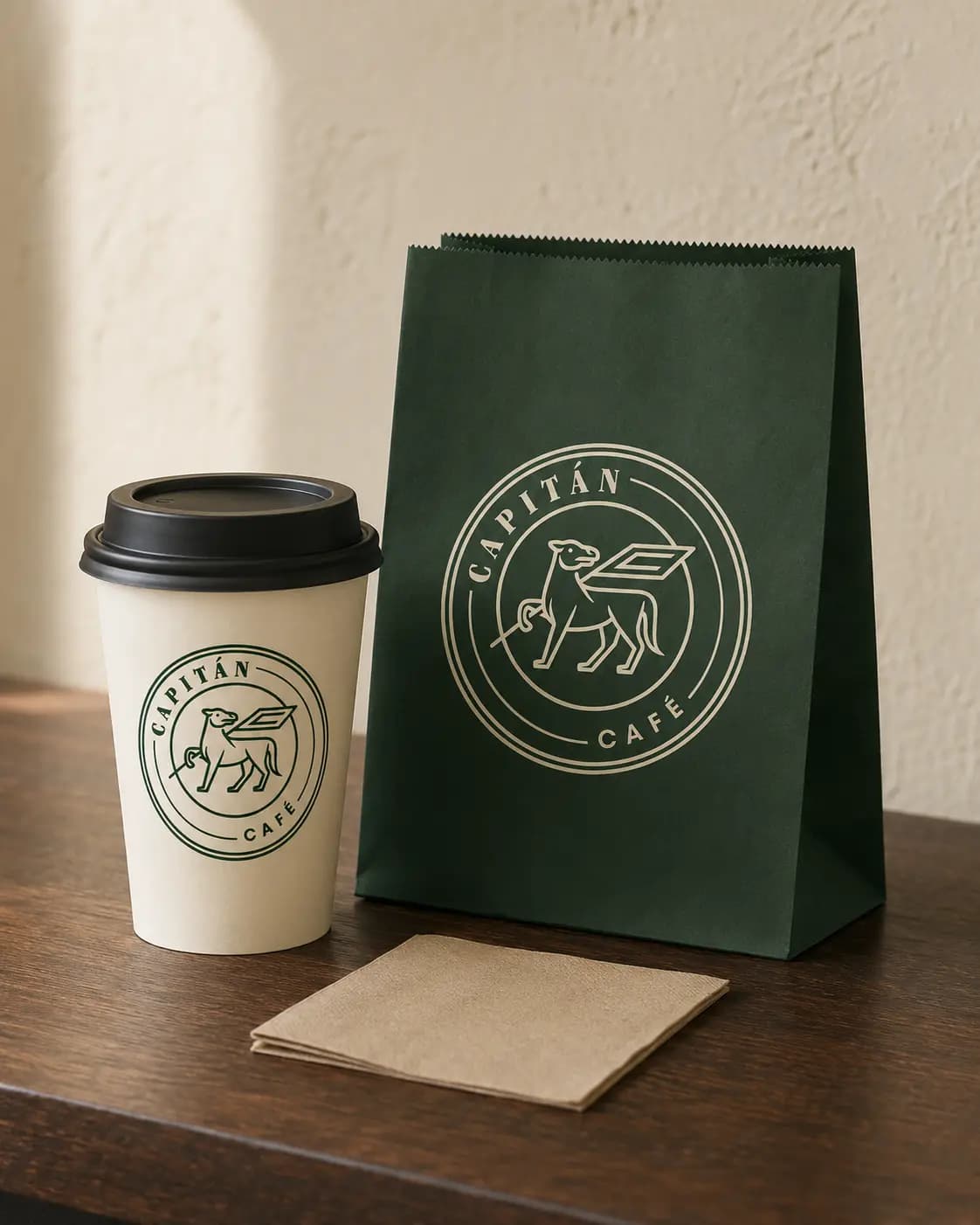 Vaso y bolsa de Capitán Café listos para llevar
